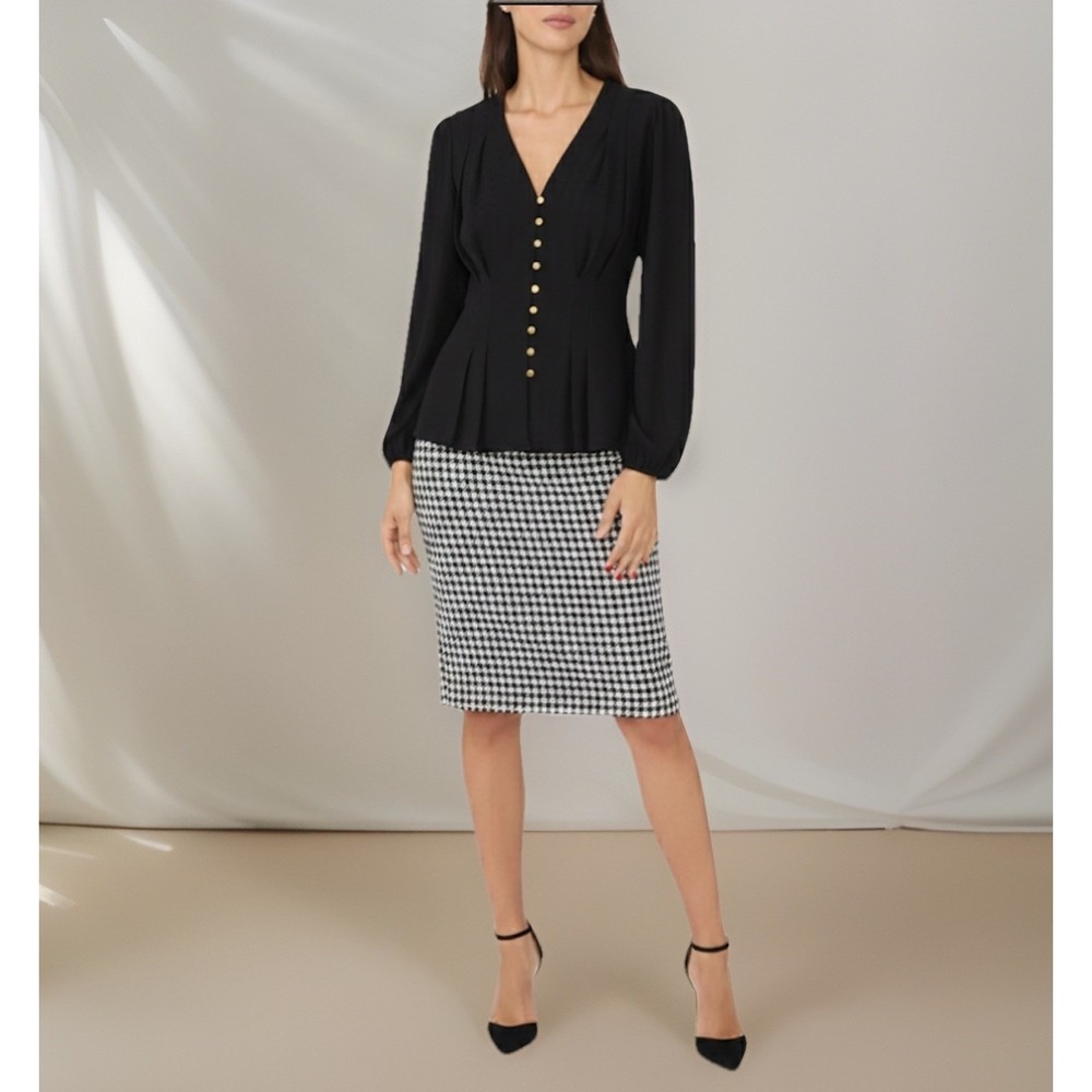 Ted Baker Women's NWT Rich Black V-Neck Pleated Peplum‎ Blouse Gold Buttons Sz L